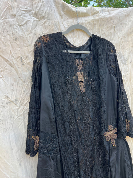 Antique 1910’s 1920’s Black Silk Lace Beaded Spiderweb Dress Edwardian Era