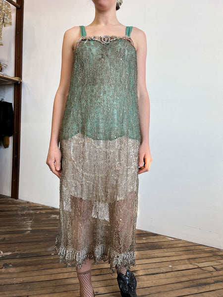 Vintage 1920's Metallic Flapper Dress with Beadwork