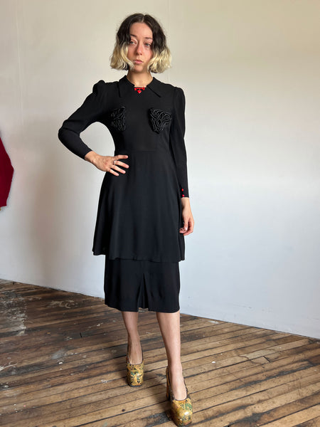 Vintage 1930's Black Soutache Dress with Heart and Key Detail