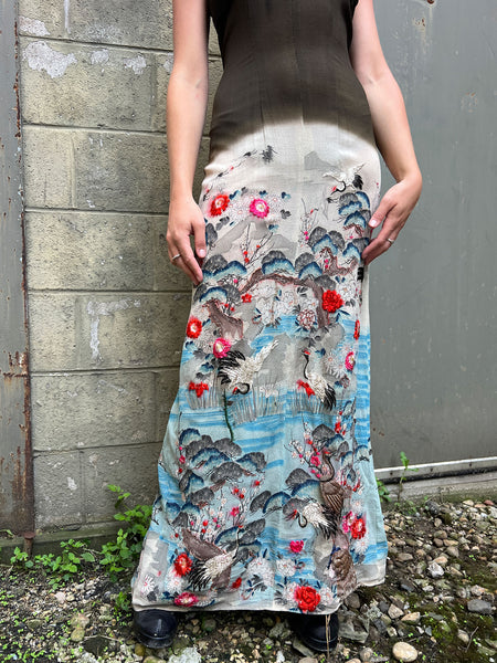 Vintage 1930's - 40's Embroidered Flying Cranes Floor Length Gown