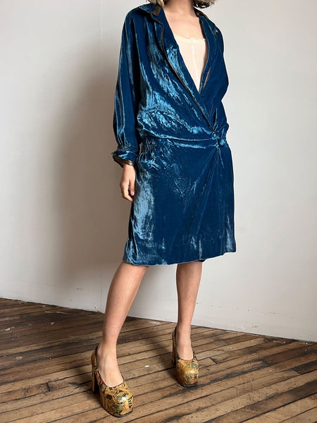 Early Vintage 1920's Blue Velvet Flapper Dress with Lamé Trim
