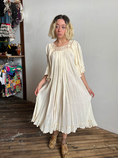 Vintage 1970's White Cotton Gauze Dress Made in Mexico