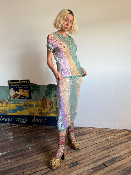 Vintage 1970's Crocheted Pastel Dress