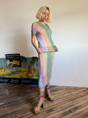 Vintage 1970's Crocheted Pastel Dress