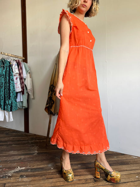 Vintage Late 1960's Early 1970's Orange Floral Dress