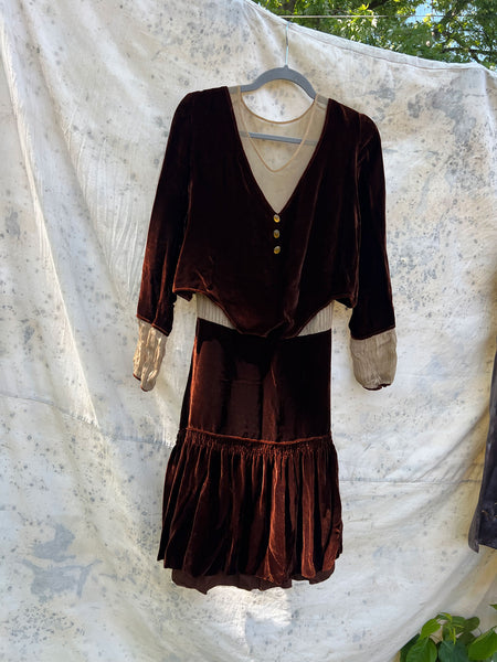 Antique - Early Vintage 1920's 30's Brown Silk Velvet Dress