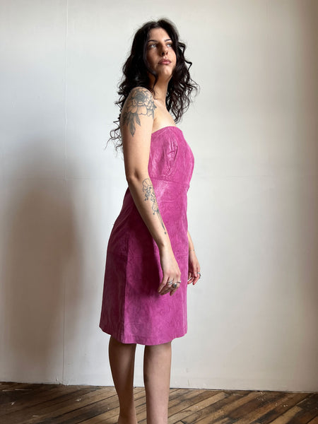 Vintage 1990's - Early 2000's Magenta Purple Leather Dress, Express World Brand