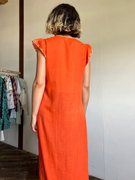 Vintage Late 1960's Early 1970's Orange Floral Dress