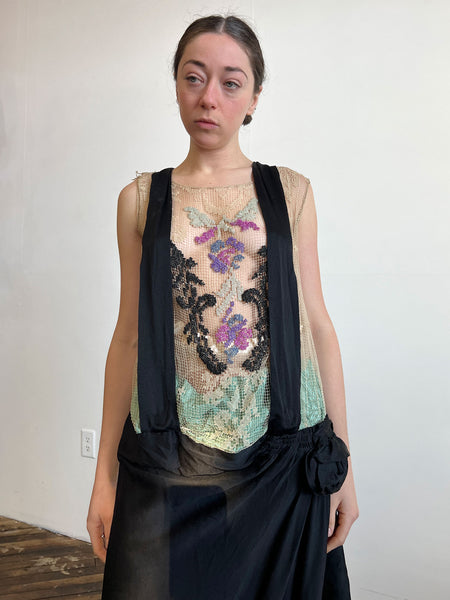 Antique 1920's Silk Dress with Floral Beadwork and Netting
