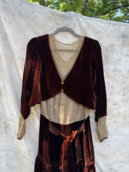 Antique - Early Vintage 1920's 30's Brown Silk Velvet Dress