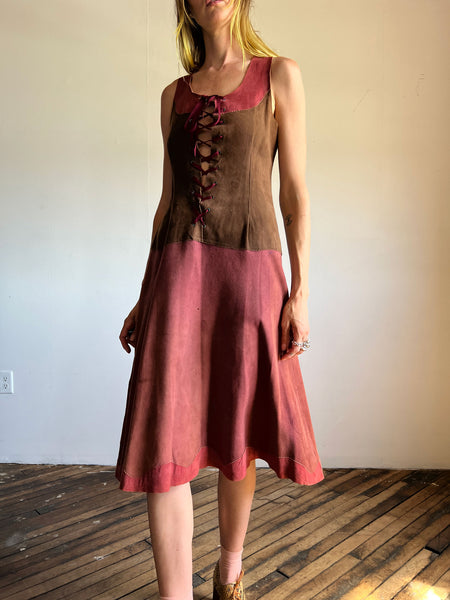 Vintage 1960's - 1970's Leather Handmade Dress Lace Up, Hippie