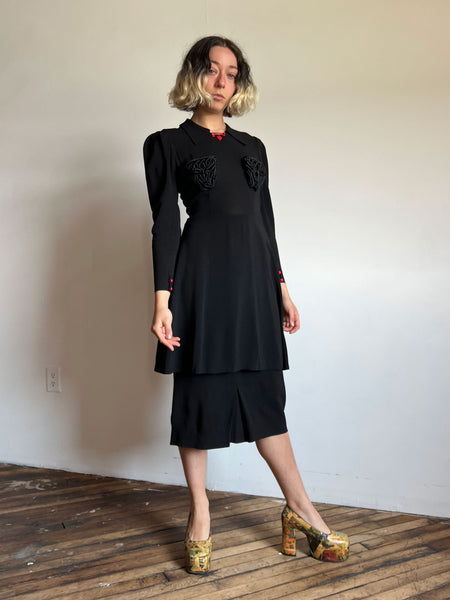 Vintage 1930's Black Soutache Dress with Heart and Key Detail