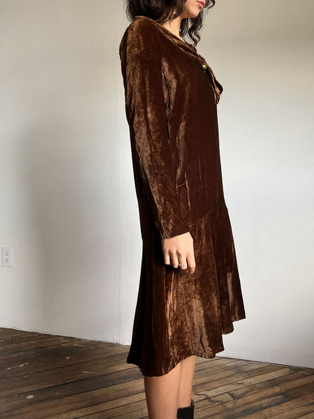 Early Vintage 1920's Brown Silk Velvet Drop Waist Dress