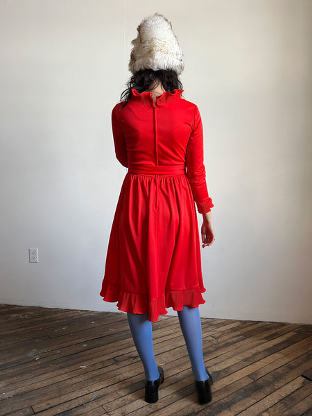 Vintage 1960's Red Ruffled Dress, Long Sleeve