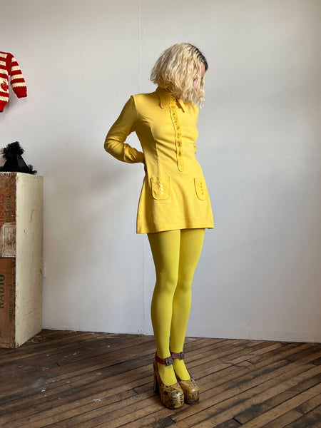 Vintage 1960's Yellow Cotton Long Sleeved Mini Dress Made in Stockholm