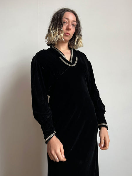 Vintage 1930's Black Silk Velvet Gown with Rhinestone Trim
