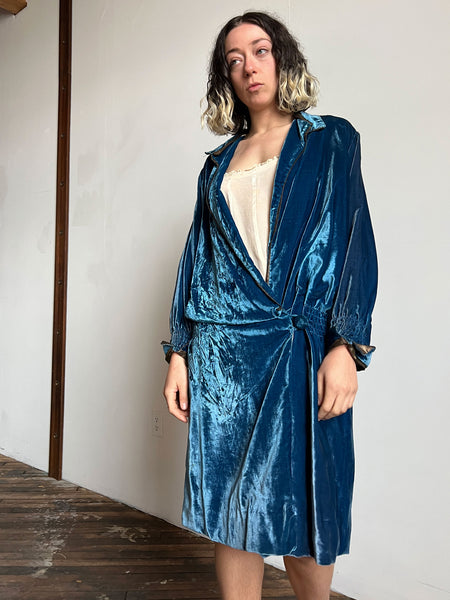 Early Vintage 1920's Blue Velvet Flapper Dress with Lamé Trim