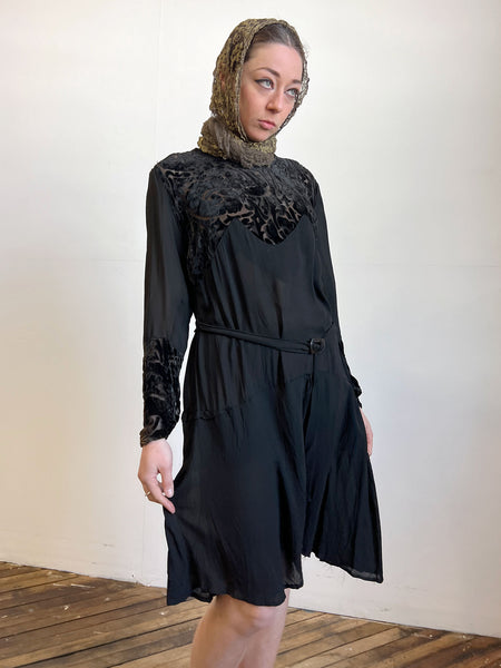 Vintage 1920's Devore Burnout Silk Velvet and Crepe Dress