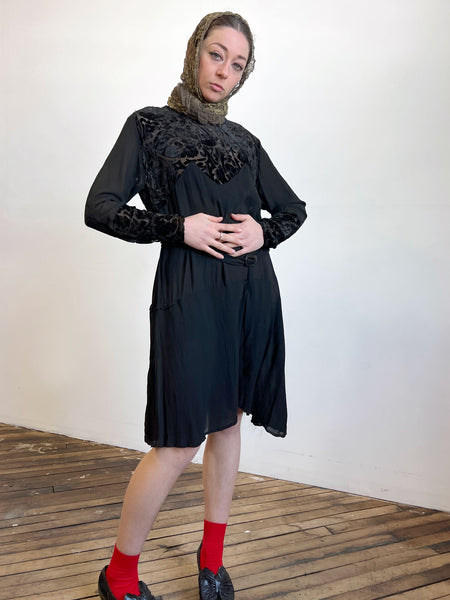 Vintage 1920's Devore Burnout Silk Velvet and Crepe Dress