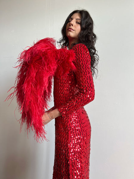 Vintage 1970's - Early 1980's Red One Shoulder Cocktail Dress, Sequined, by Climax