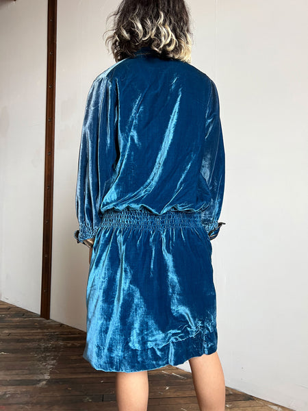 Early Vintage 1920's Blue Velvet Flapper Dress with Lamé Trim
