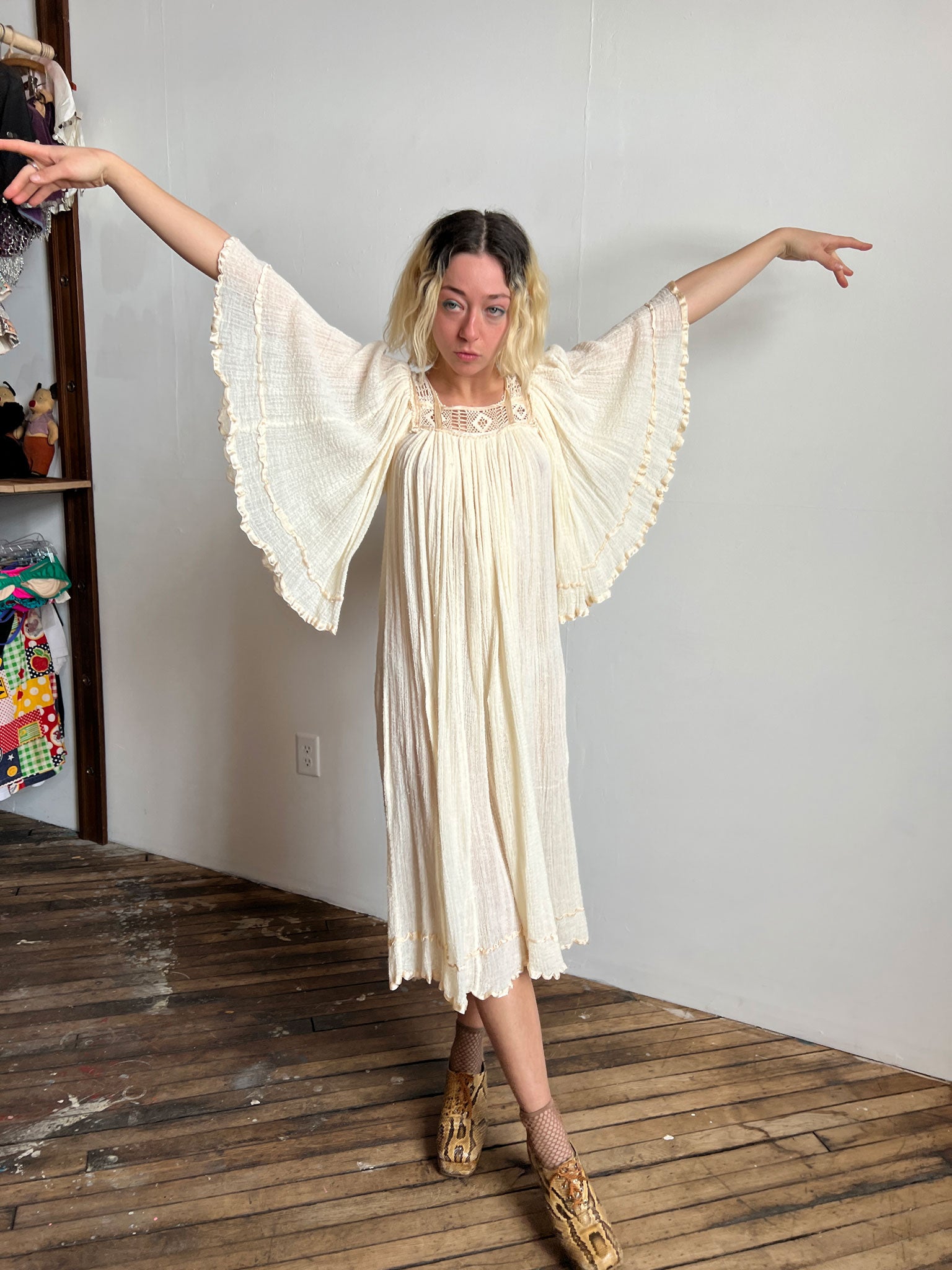 Vintage 1970's White Cotton Gauze Dress Made in Mexico