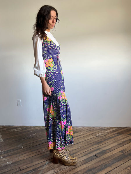Vintage 1960's 1970's Floral Maxi Dress with Lace Up Front