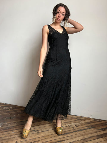Vintage 1920's - 1930's Black Floor Length Lace Gown