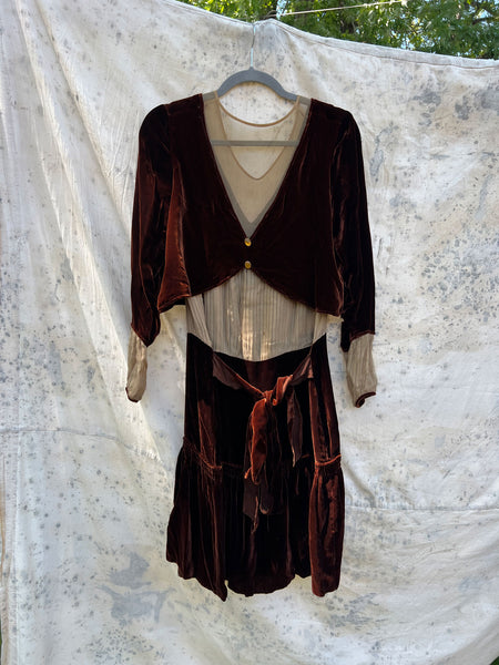 Antique - Early Vintage 1920's 30's Brown Silk Velvet Dress