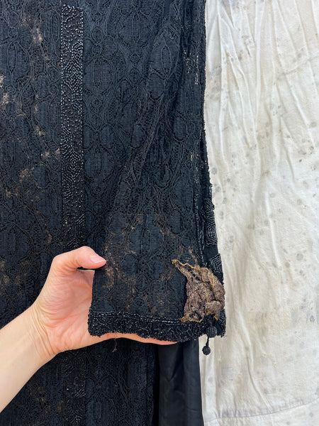 Antique 1910’s 1920’s Black Silk Lace Beaded Spiderweb Dress Edwardian Era