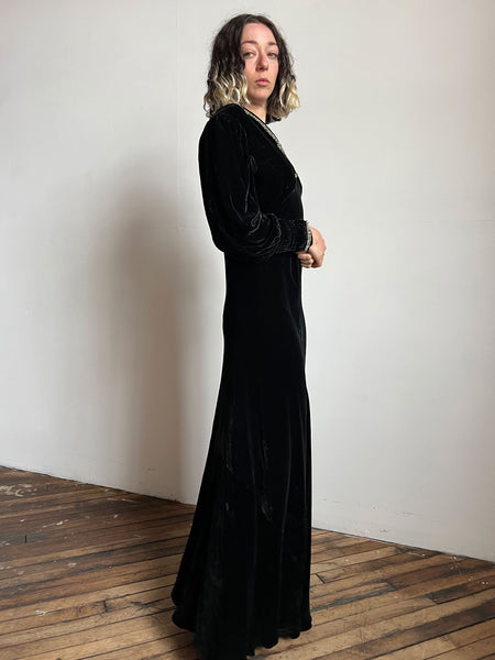 Vintage 1930's Black Silk Velvet Gown with Rhinestone Trim