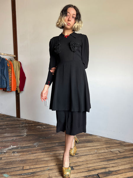 Vintage 1930's Black Soutache Dress with Heart and Key Detail