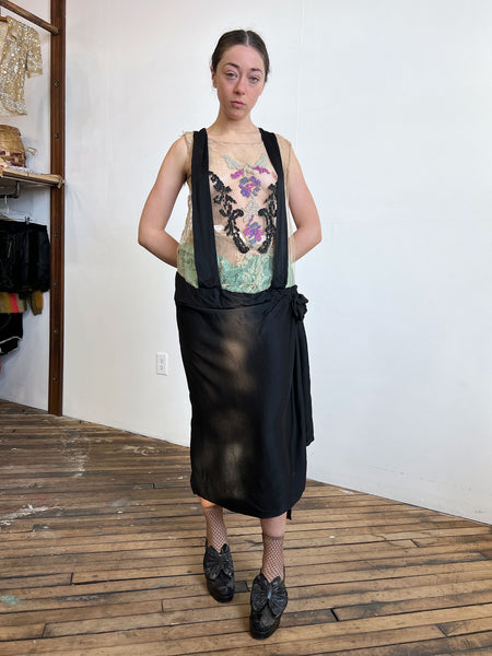 Antique 1920's Silk Dress with Floral Beadwork and Netting