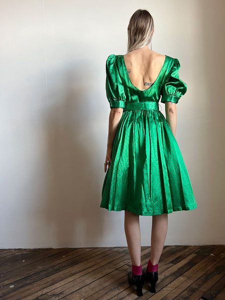 Vintage 1980's Green and Black Polka Dot Party Dress with Tulle Skirt, 80's Holiday