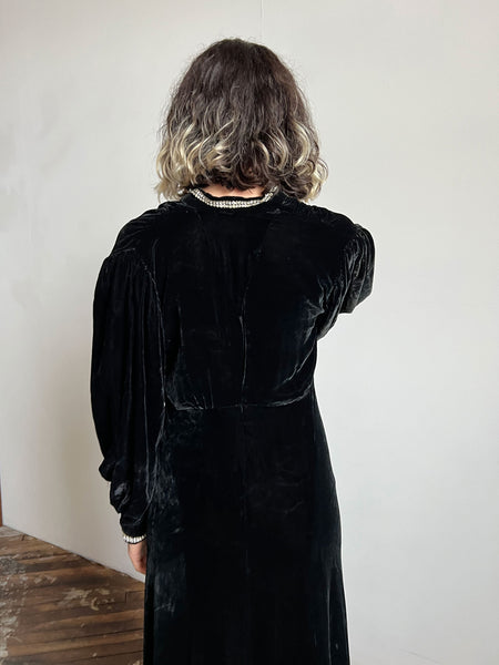 Vintage 1930's Black Silk Velvet Gown with Rhinestone Trim