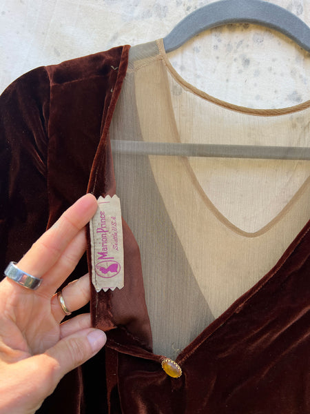 Antique - Early Vintage 1920's 30's Brown Silk Velvet Dress