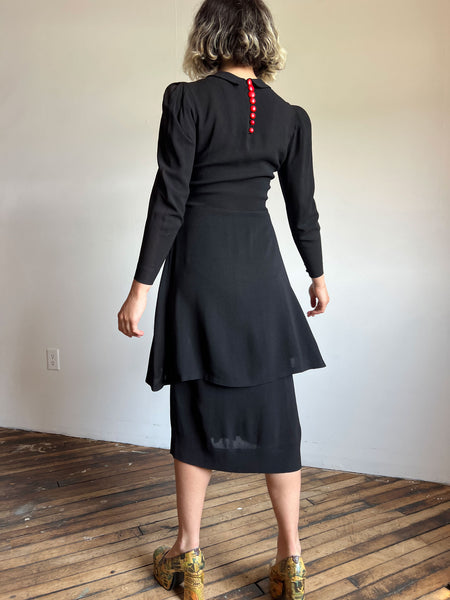 Vintage 1930's Black Soutache Dress with Heart and Key Detail