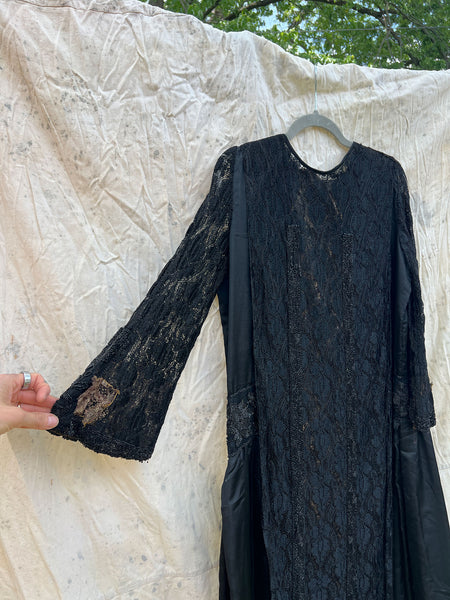 Antique 1910’s 1920’s Black Silk Lace Beaded Spiderweb Dress Edwardian Era
