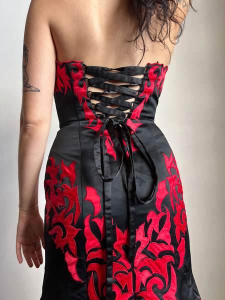 Vintage 1980's 1990's Black and Red Lace Up Back Gown, Dress