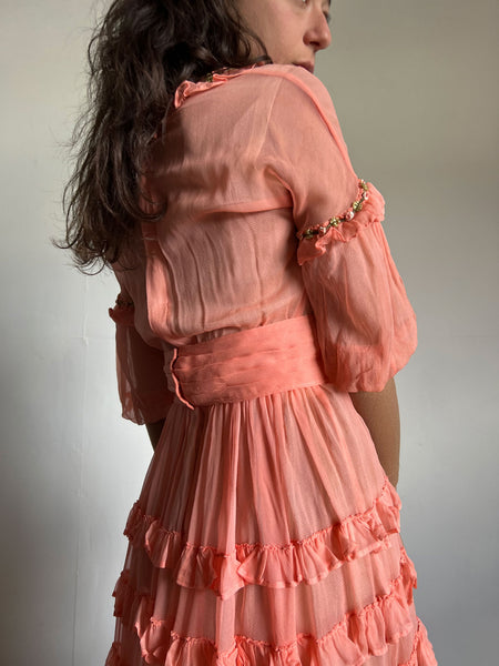 Early Vintage 1920's Peach Pink Silk Chiffon Dress