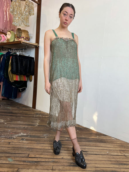 Vintage 1920's Metallic Flapper Dress with Beadwork