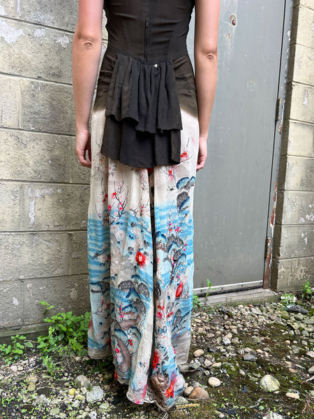 Vintage 1930's - 40's Embroidered Flying Cranes Floor Length Gown