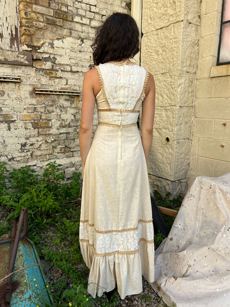 Vintage 1970's Black Label Gunne Sax Macrame Floor Length Dress