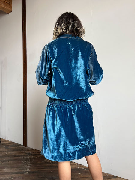 Early Vintage 1920's Blue Velvet Flapper Dress with Lamé Trim