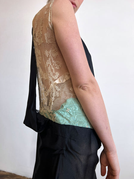 Antique 1920's Silk Dress with Floral Beadwork and Netting