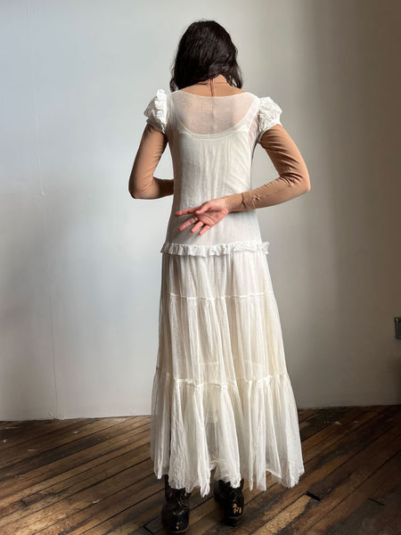 Vintage 1930's White Net Ruffled Gown with Puff Sleeves 30s