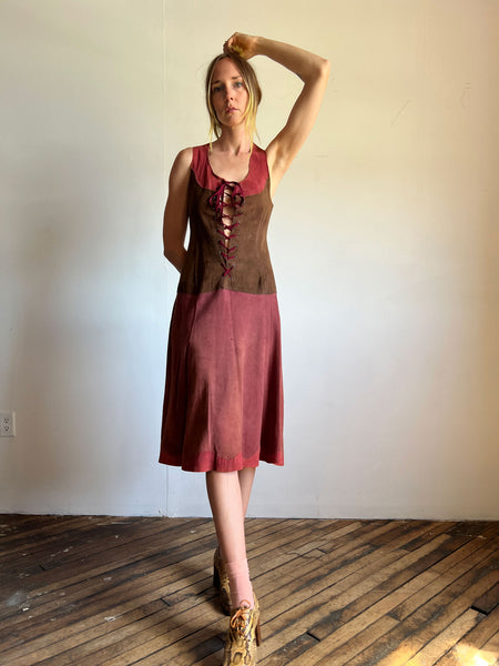 Vintage 1960's - 1970's Leather Handmade Dress Lace Up, Hippie