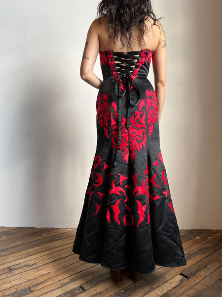 Vintage 1980's 1990's Black and Red Lace Up Back Gown, Dress