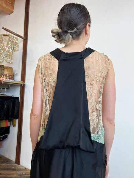 Antique 1920's Silk Dress with Floral Beadwork and Netting