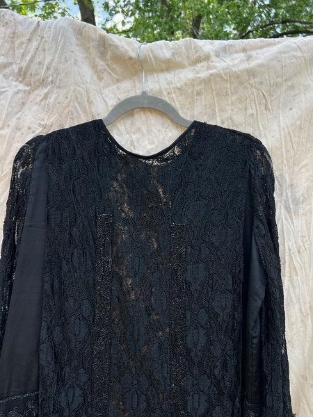Antique 1910’s 1920’s Black Silk Lace Beaded Spiderweb Dress Edwardian Era